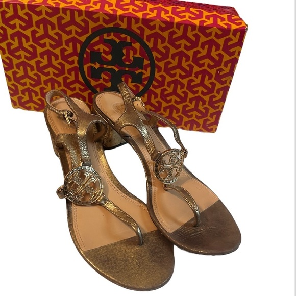 Tory Burch T-Strap Violet Platinum Gold Sz 10M Slingback Thong Heel Sandal - Picture 2 of 10